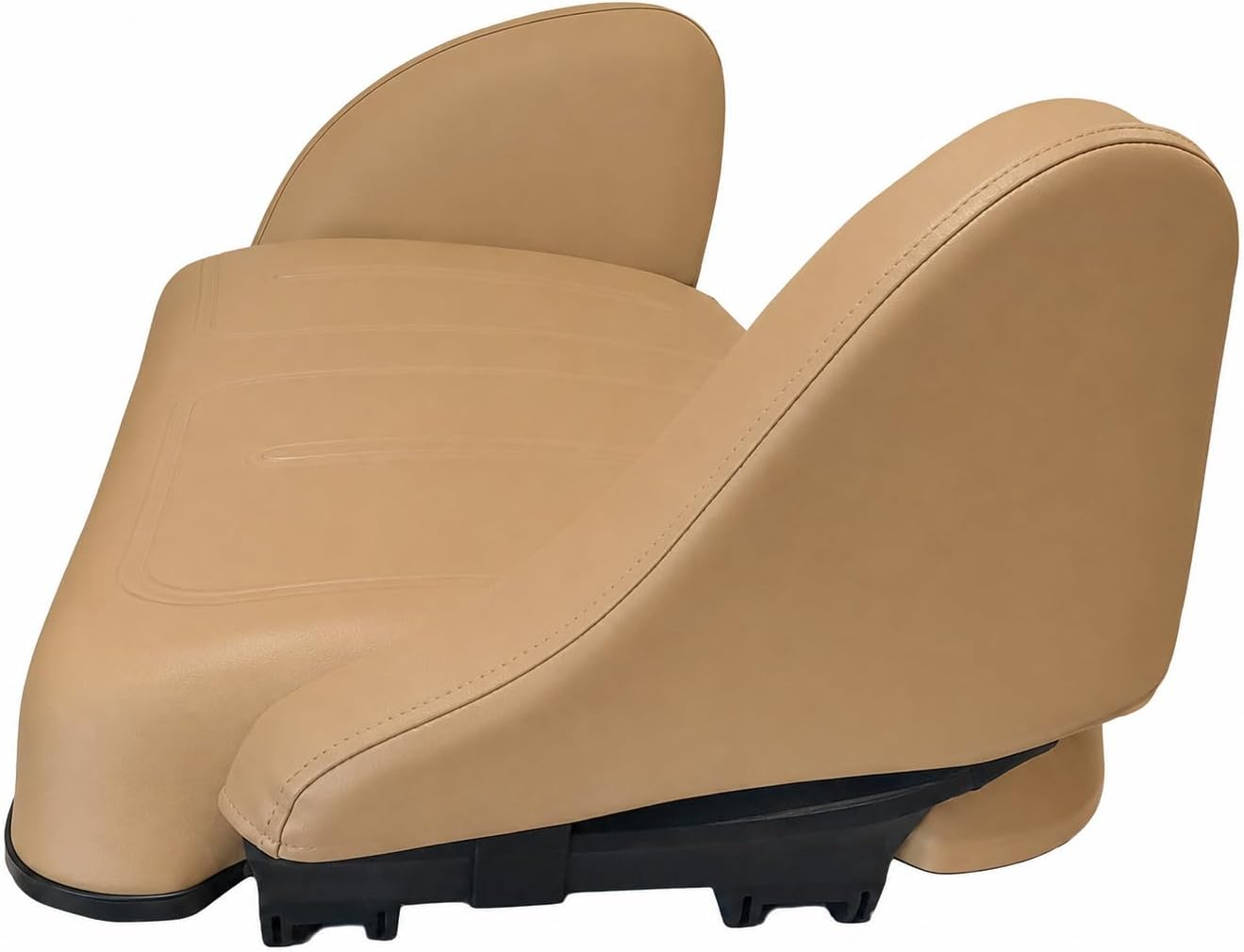 Golf cart seat with padded tan Cart Buddy armrest covers installed