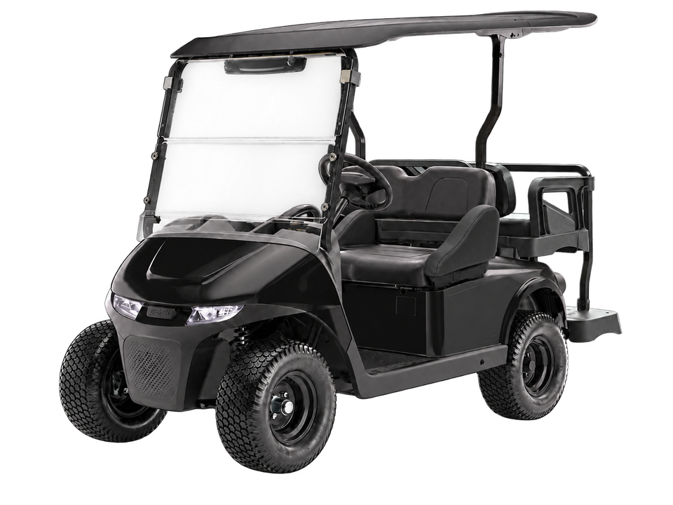 Golf cart with fitted black Cart Buddy padded armrest covers installed
